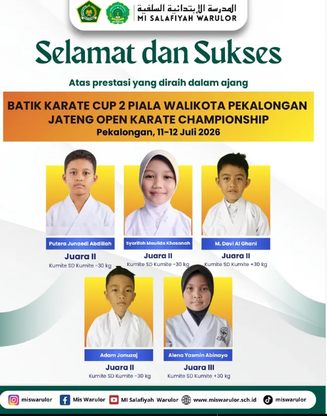 Lima Siswa MI Salafiyah Warulor Raih Prestasi Gemilang pada Batik Karate Cup 2 Piala Wali Kota Pekalongan 2026