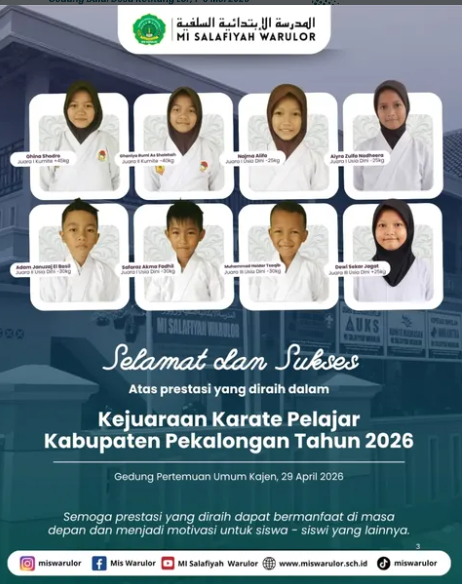Delapan Siswa MI Salafiyah Warulor Torehkan Prestasi pada Kejuaraan Karate Pelajar Kabupaten Pekalongan Tahun 2026